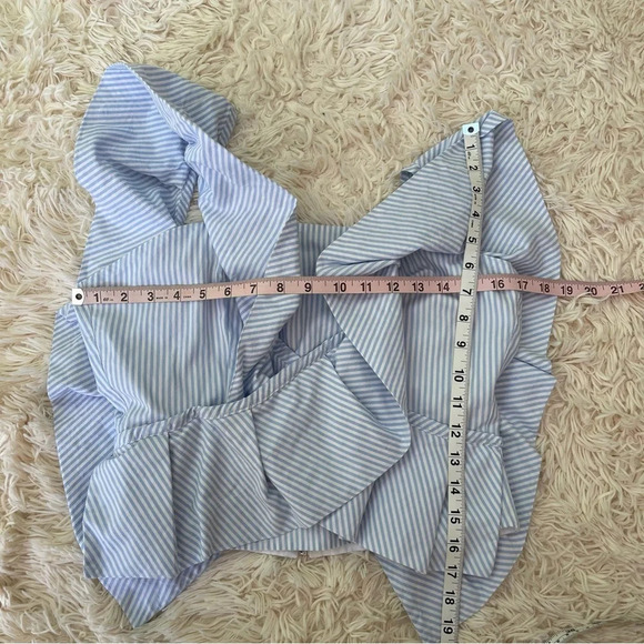 Mila Carr STRIPED RUFFLE BLOUSE sleeveless top back full zip cotton white blue 2 - Picture 6 of 10